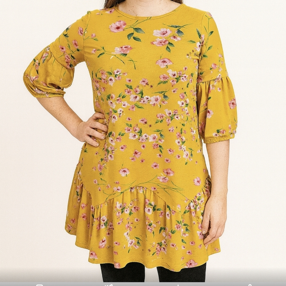 Three Pink Hearts Yellow Liberty Floral Tunic Top Sz XL